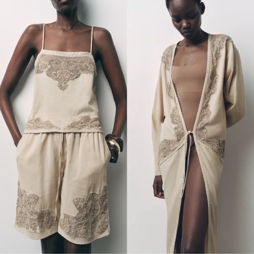 Zara 3pc Embroidered Beaded Lingerie Set Size Small Matching Kimono Top & Shorts